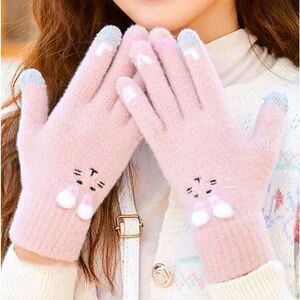 Y2K Lolita Goth Pastel Pink Pom Pom Alice Easter Bunny Rabbit Glove Mittens q